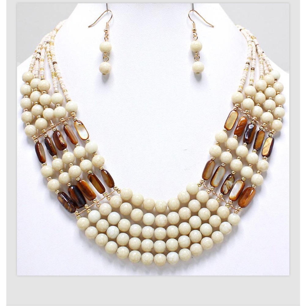 Natural Bead Necklace Earrings Set Multi Strand Women Jewelry Set